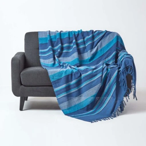 Cotton Morocco Striped Blue Throw, 255 X 360 Cm -Best Homeware Store 01 sf1165a morocco blue throw