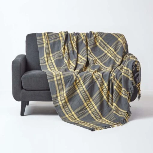 Grey & Yellow Tartan Check Sofa And Bed Throw -Best Homeware Store 01 sf1353a grey yellow tartan check throw