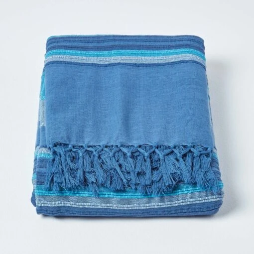 Cotton Morocco Striped Blue Throw, 255 X 360 Cm -Best Homeware Store 02 sf1165a morocco blue throw