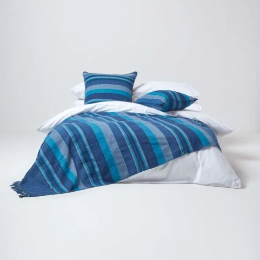 Cotton Morocco Striped Blue Throw, 255 X 360 Cm -Best Homeware Store 03 sf1165a morocco blue throw 1