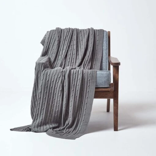 Cotton Cable Knit Grey Throw -Best Homeware Store 1 sf1377 cotton cable knit grey throw 3