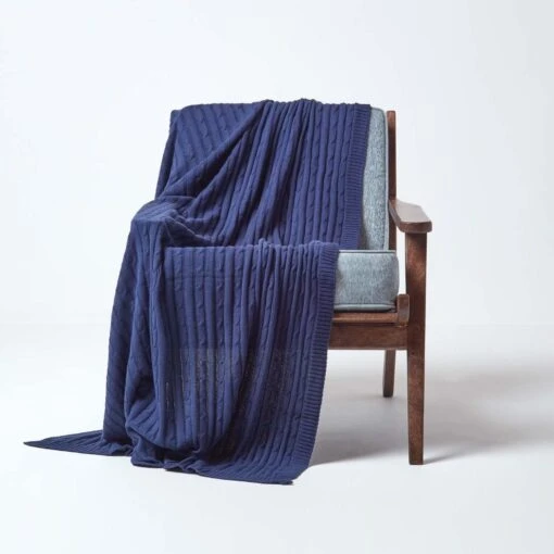 Cotton Cable Knit Navy Blue Throw -Best Homeware Store 1 sf1378 cotton cable knit throw navy blue 4