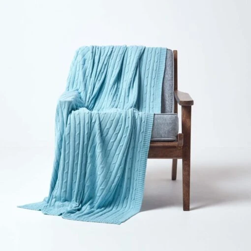 Cotton Cable Knit Pastel Blue Throw -Best Homeware Store 1 sf1595 cotton cable knit pastel blue throw 3