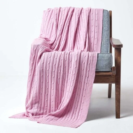 Cotton Cable Knit Pastel Pink Throw -Best Homeware Store 1 sf1597 cotton cable knit pastel pink throw 1 2