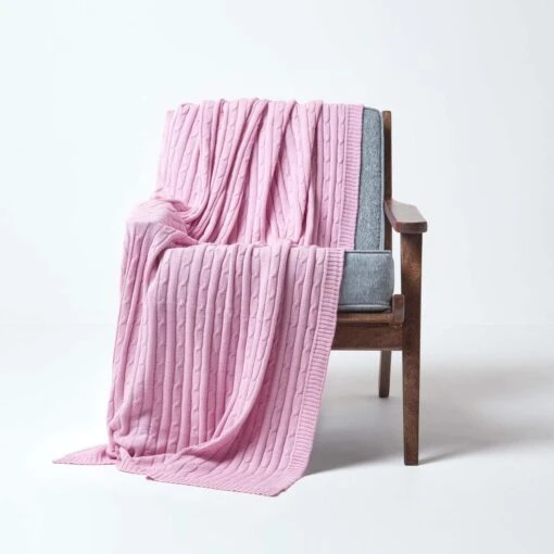 Cotton Cable Knit Pastel Pink Throw -Best Homeware Store 1 sf1597 cotton cable knit pastel pink throw 3