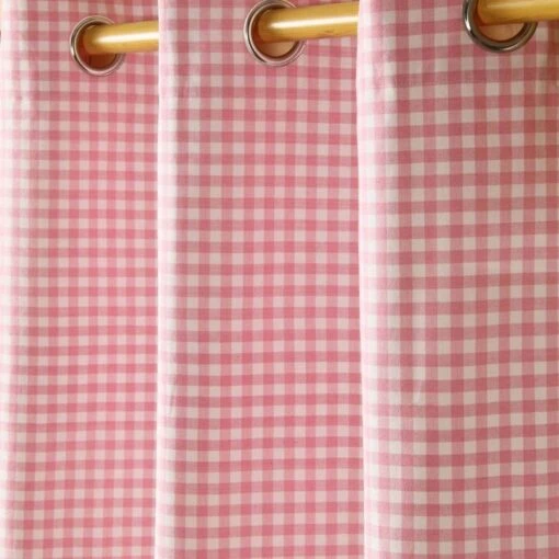 Cotton Gingham Check Pink Ready Made Eyelet Curtains -Best Homeware Store 100 cotton ready made curtains gingham check2 2