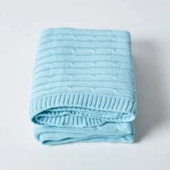 Cotton Cable Knit Pastel Blue Throw -Best Homeware Store 2 sf1595 cotton cable knit pastel blue throw 3