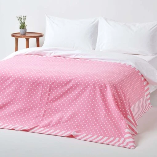 Cotton Pink Polka Dots And Stripes Sofa Throw -Best Homeware Store 3 kt1542 pink polka dots and stripes throw