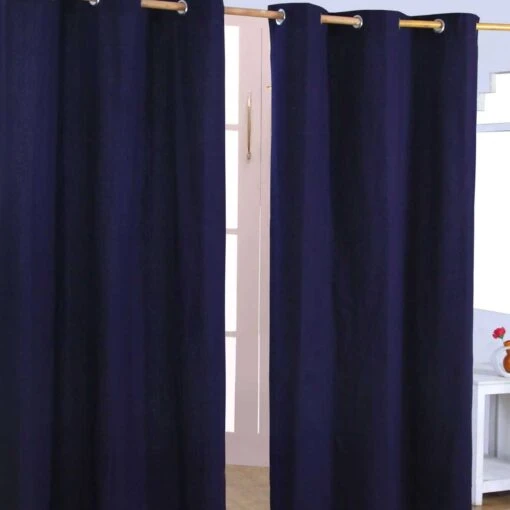 Cotton Plain Navy Blue Ready Made Eyelet Curtain Pair -Best Homeware Store 396 solid navy curtain set shot