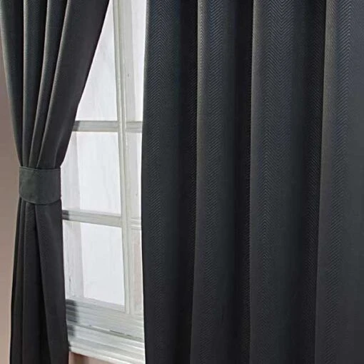 Black Herringbone Chevron Blackout Thermal Curtains Pair Eyelet Style -Best Homeware Store Black Herringbone Chevron Blackout Thermal Curtains Pair Eyelet Style 2