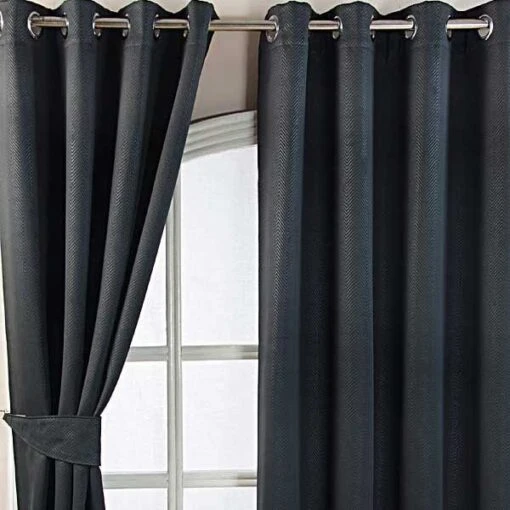 Black Herringbone Chevron Blackout Thermal Curtains Pair Eyelet Style -Best Homeware Store Black Herringbone Chevron Blackout Thermal Curtains Pair Eyelet Style