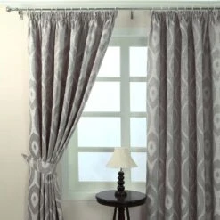 Grey Jacquard Curtain Abstract Ikat Design Fully Lined - 46" X 90" Drop -Best Homeware Store Leon Collection Lined Curtain Grey 3