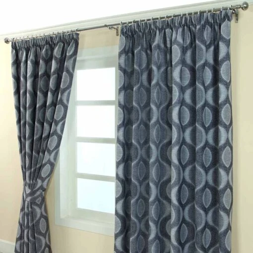 Blue Jacquard Curtain Modern Curve Design Fully Lined With Tie Backs -Best Homeware Store Marbbela Collection Curtains Blue2