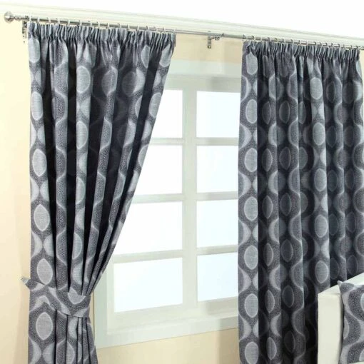 Blue Jacquard Curtain Modern Curve Design Fully Lined With Tie Backs -Best Homeware Store Marbbela Collection Curtains Blue3