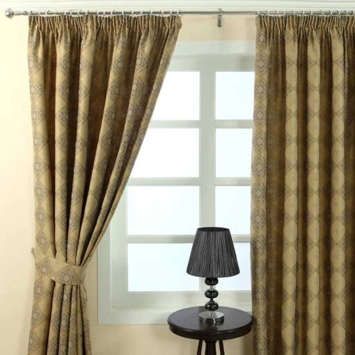 Gold Jacquard Curtain Abstract Aztec Design Fully Lined With Tie Backs, 66 X 54" Drop -Best Homeware Store Marbbela Curtains Collection Gold Color 4