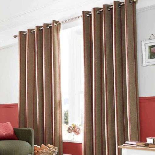 Ashley Wilde Red & Natural 'Downton' Modern Striped Curtains Fully Lined Eyelet Style -Best Homeware Store Red and Natural Striped Curtains 2