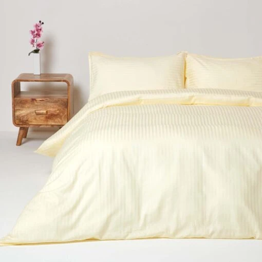 Pastel Yellow Egyptian Cotton Stripe Duvet Cover And Pillowcases 330 TC -Best Homeware Store bl1209 02 4