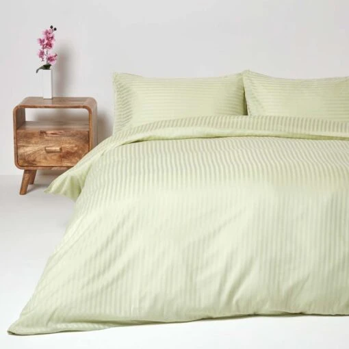 Sage Green Egyptian Cotton Stripe Duvet Cover And Pillowcases 330 TC -Best Homeware Store bl1224 02