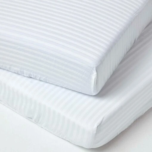 White Cotton Stripe Cot Bed Fitted Sheets 330 Thread Count, 2 Pack -Best Homeware Store bl1717a 1