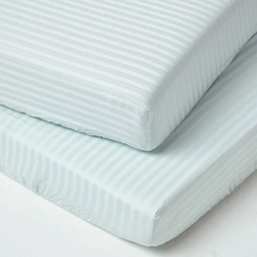 Blue Cotton Stripe Cot Bed Fitted Sheets 330 Thread Count, 2 Pack -Best Homeware Store bl1717b 1