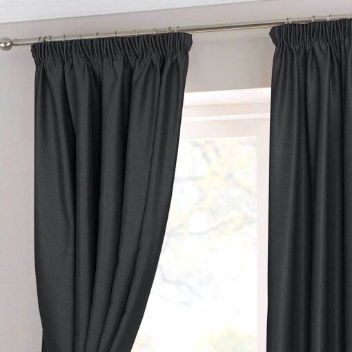 Black Herringbone Chevron Thermal Blackout Curtains Pair Pencil Pleat -Best Homeware Store black herringbone chevron thermal blackout curtains pair pencil pleat 1