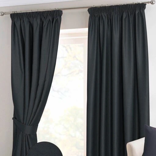 Black Herringbone Chevron Thermal Blackout Curtains Pair Pencil Pleat -Best Homeware Store black herringbone chevron thermal blackout curtains pair pencil pleat