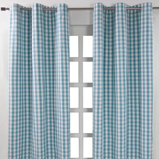 Cotton Blue Block Check Gingham Ready Made Eyelet Curtains -Best Homeware Store block check white blue curtain 1