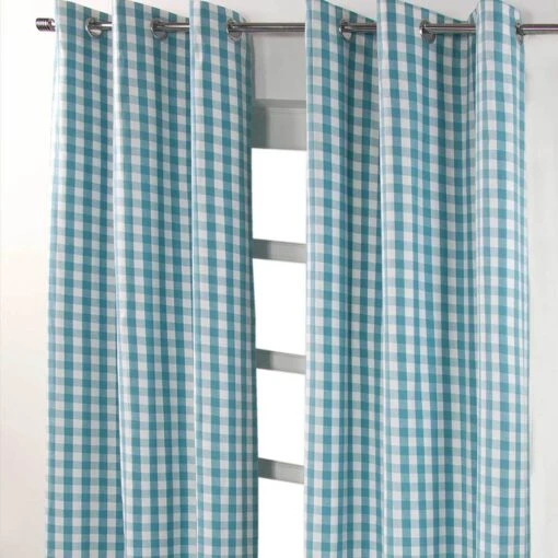 Cotton Blue Block Check Gingham Ready Made Eyelet Curtains -Best Homeware Store block check white blue curtain 2