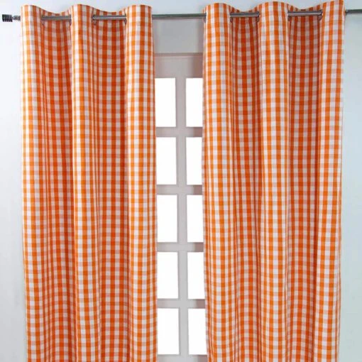 Cotton Orange Block Check Gingham Ready Made Eyelet Curtains -Best Homeware Store block check white orange curtain 1