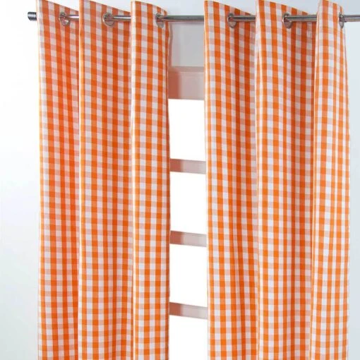 Cotton Orange Block Check Gingham Ready Made Eyelet Curtains -Best Homeware Store block check white orange curtain 2