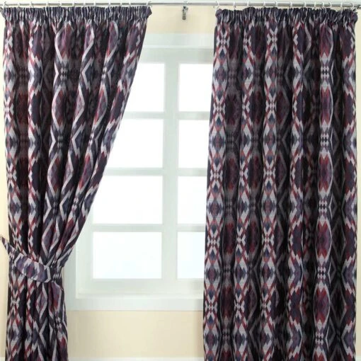 Blue And Red Jacquard Curtain Geometric Diamond Design Fully Lined -Best Homeware Store blue and red jacquard curtain main 1