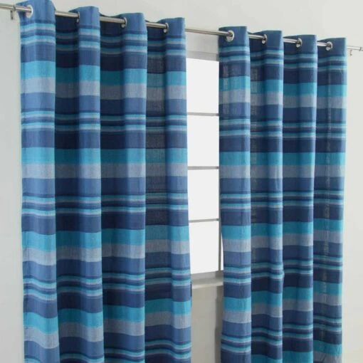 Cotton Morocco Striped Blue Curtain Pair -Best Homeware Store cotton morocco striped blue curtain pair