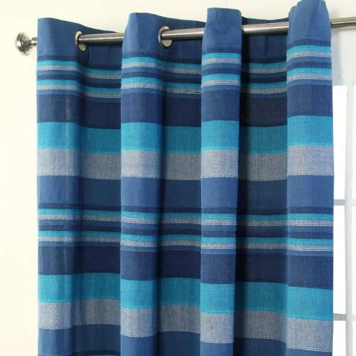 Cotton Morocco Striped Blue Curtain Pair -Best Homeware Store cotton morocco striped blue curtain pair close up