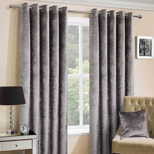 Silver Luxury Crushed Velvet Lined Eyelet Curtain Pair -Best Homeware Store crushed velvet silver 9