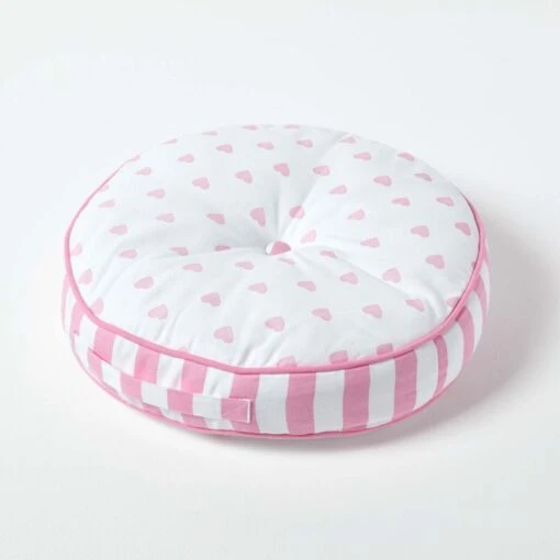 Pink Hearts & Stripes Round Floor Cushion -Best Homeware Store cu1159a 01