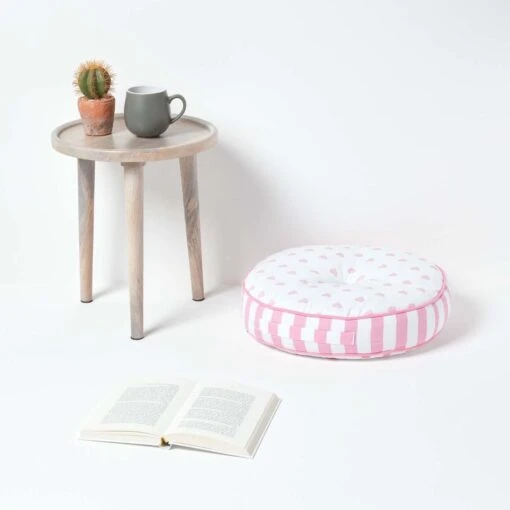 Pink Hearts & Stripes Round Floor Cushion -Best Homeware Store cu1159a 02