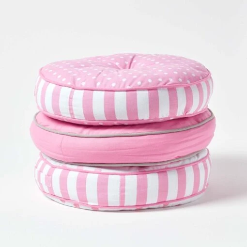 Pink Hearts & Stripes Round Floor Cushion -Best Homeware Store cu1159a 06