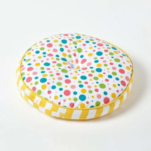 Multi Polka Dots & Yellow Stripes Round Floor Cushion -Best Homeware Store cu1160a 01