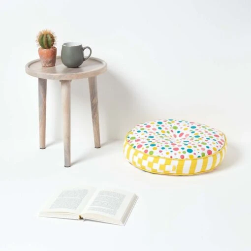 Multi Polka Dots & Yellow Stripes Round Floor Cushion -Best Homeware Store cu1160a 02