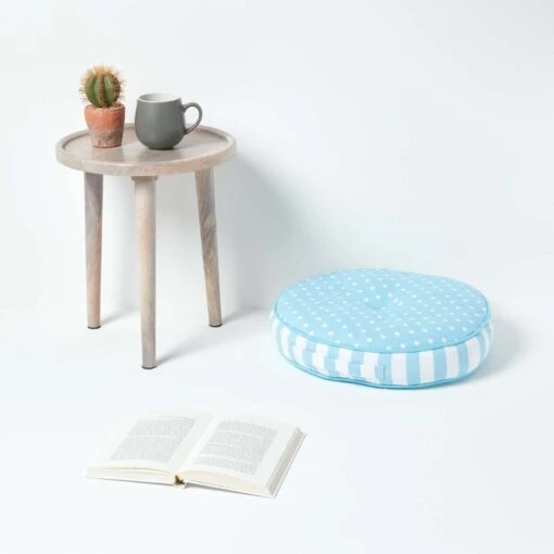 Blue & White Polka Dots Round Floor Cushion -Best Homeware Store cu1161 02