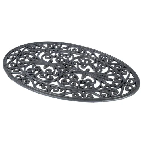 Black Wrought Iron Effect Parisian Oval Rubber Doormat -Best Homeware Store dm1160 b