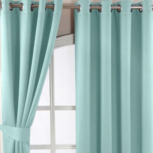 Pastel Blue Herringbone Chevron Blackout Thermal Curtains Pair Eyelet Style -Best Homeware Store embossed eyelet curtain pastel blue 1 13