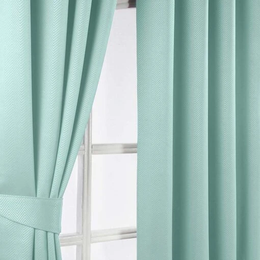 Pastel Blue Herringbone Chevron Blackout Thermal Curtains Pair Eyelet Style -Best Homeware Store embossed eyelet curtain pastel blue 3 13