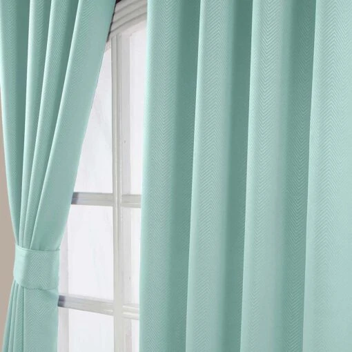 Pastel Blue Herringbone Chevron Blackout Thermal Curtains Pair Eyelet Style -Best Homeware Store embossed eyelet curtain pastel blue 4 13