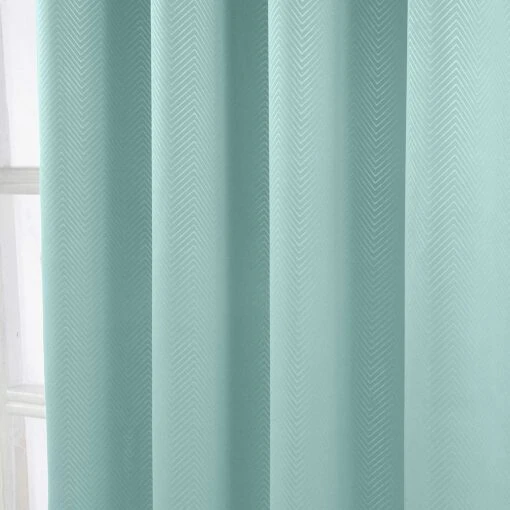 Pastel Blue Herringbone Chevron Blackout Thermal Curtains Pair Eyelet Style -Best Homeware Store embossed eyelet curtain pastel blue 5 13