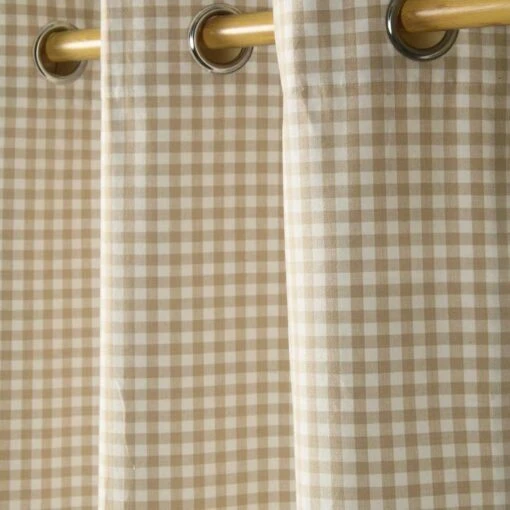 Cotton Gingham Check Beige Ready Made Eyelet Curtains -Best Homeware Store gingham check beige curtain close up shot