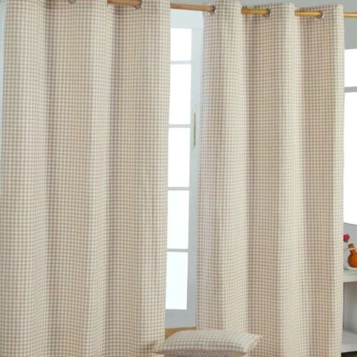 Cotton Gingham Check Beige Ready Made Eyelet Curtains -Best Homeware Store gingham check beige curtain set shot