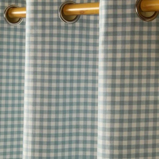 Cotton Gingham Check Blue Ready Made Eyelet Curtains -Best Homeware Store gingham check blue curtain close up shot