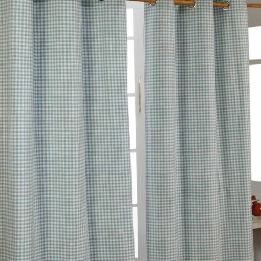 Cotton Gingham Check Blue Ready Made Eyelet Curtains -Best Homeware Store gingham check blue curtain set shot