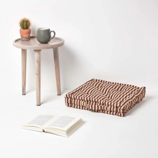 Cotton Chocolate Brown And Beige Thin Stripe Floor Cushion -Best Homeware Store kt1325 02